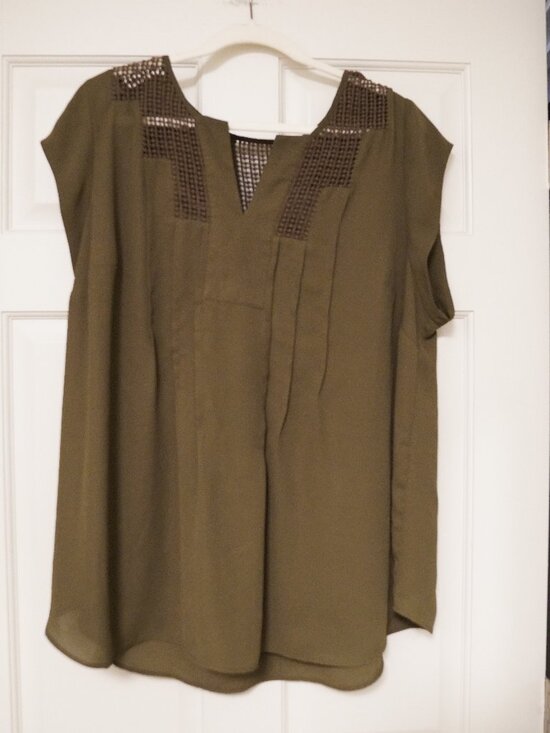 Daniel Rainn Tops - Daniel Rainn Olive Green Crochet Inset Split Neck Blouse 2X
